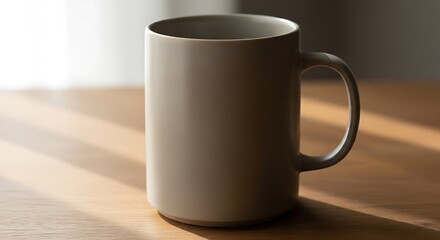 Obraz premium Muted neutral tone mug standing on a table bathed in warm sunlight