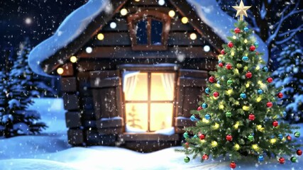 Animated winter scene with a cozy cabin, Christmas tree, and falling snow - Powered by Adobe