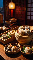 Fototapeta premium The freshly steamed Dim Sum including siu mai and bao buns is elegantly presented with chopsticks and sauces in a cozy oriental dining atmosphere