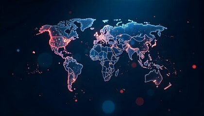 3D wireframe globe with digital data streams and binary code overlay, representing global technology network .