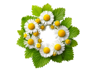 Daisies and green leaves circular arrangement black background, Isolated On White Background, Png Transparent