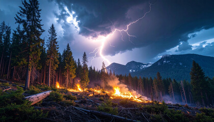 Wildfire in nature caused by lightning strikes burning forest with mountain background under stormy sky creating dramatic scene