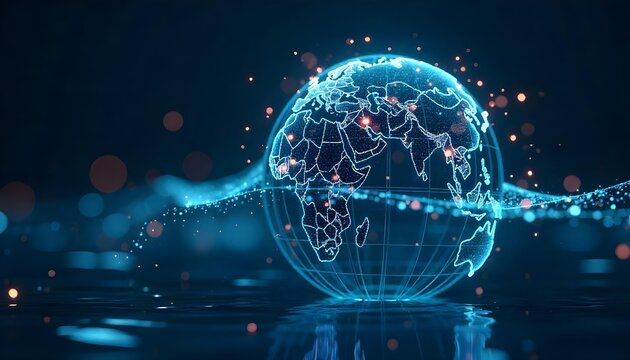 3D wireframe globe with digital data streams and binary code overlay, representing global technology network .