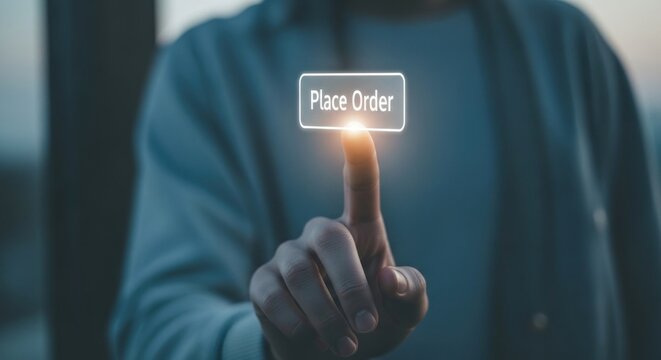 Finger touches "Place Order" button, signifying online purchase action