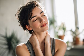 Fototapeta premium Young woman relaxing with her eyes closed in a bright modern indoor space with plants.