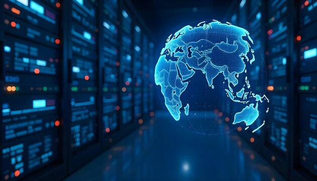 3D wireframe globe with digital data streams and binary code overlay, representing global technology network . - Powered by Adobe