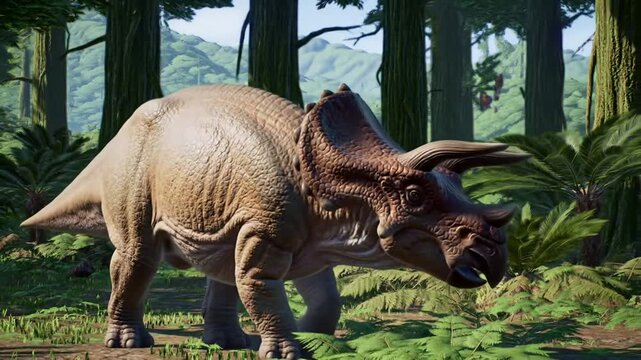 Centrosaurus Dinosaur in Lush Jurassic Forest with Paleontology Wildlife Concept.