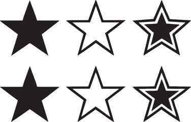 Six Stars in Three Styles Arranged in Two Rows on a White Background black outline
