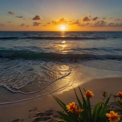 Beautiful Tropical Sunrise on Beach with Vibrant Floral Scenery | Stunning Nature Photography.