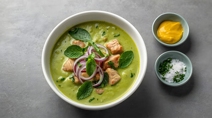 “Bowl of Creamy Green Soup with Meat, Fresh Mint, Red Onions, and Herbs on Gray Background”
