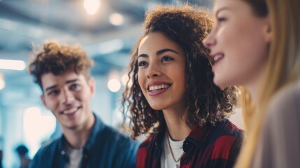 Diverse group of young adults smiling and talking indoors in social setting.