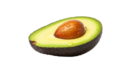 Halved avocado presents its pit and shiny flesh with some water droplets on a background.
