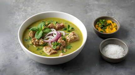 “Bowl of Creamy Green Soup with Meat, Fresh Mint, Red Onions, and Herbs on Gray Background”
