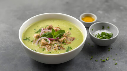 “Bowl of Creamy Green Soup with Meat, Fresh Mint, Red Onions, and Herbs on Gray Background”

