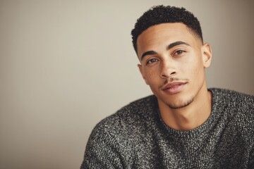 Fototapeta premium Portrait of a Confident Young Man with Short Curly Hair and Casual Sweater.