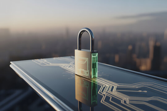 Padlock sitting on a circuit board patterned surface with a city skyline as a backdrop