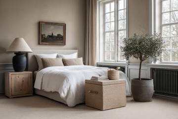 Obraz premium cozy bedroom featuring monochrome textiles and natural accents creates tranquil atmosphere
