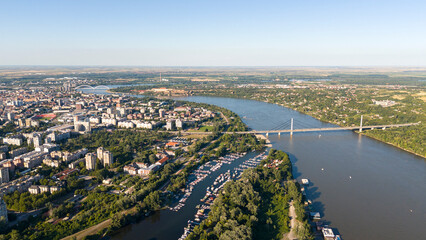 Aerial view on Novi Sad with Cable-Stayed Bridge and Marina, Serbia
