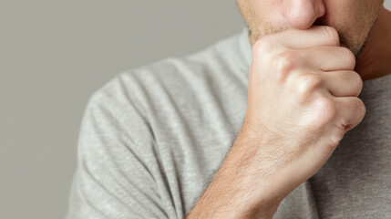 Coughing Gesture, a person with their arm bent to cover their mouth, suggesting a cough. Subtle signs of fatigue in posture. Neutral background. 