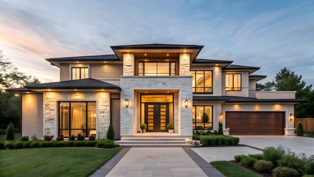 Luxurious modern mansion with grand entrance and evening ambiance