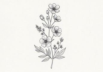 Delicate monochrome floral illustration showcases elegance in simplicity with blossoming flowers and leaf detail