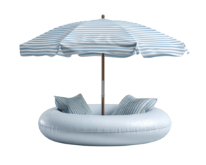 Inflatable swim ring, striped beach umbrella, and matching pillows create relaxing summer holiday vibe, perfect for poolside lounging or seaside fun