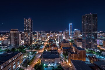 Fototapeta premium Fort Worth Tx Aerial Night Skyline. Texas Urban Landscape with City Architecture