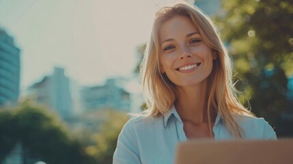 Happy young woman smiling outdoors using laptop in park on sunny day with city skyline.