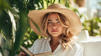 Young woman in a large straw hat reading a book outdoors in lush greenery and sunlight.