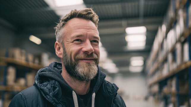 Close-up portrait of a smiling middle-aged man with beard in warehouse setting. - Powered by Adobe