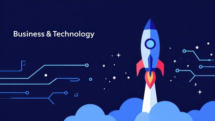 Rocket launching into space with digital circuitry and business technology