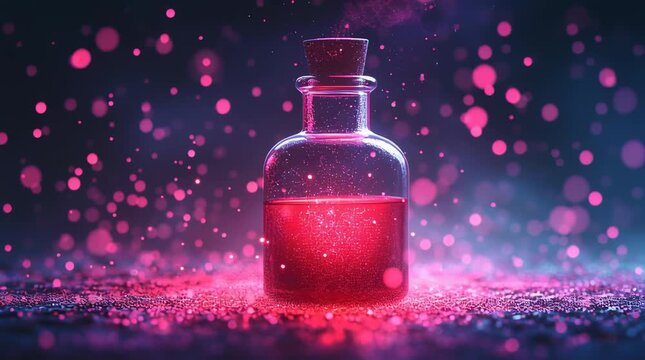 Red magic potion in glass bottle, fantasy candycore style illustration