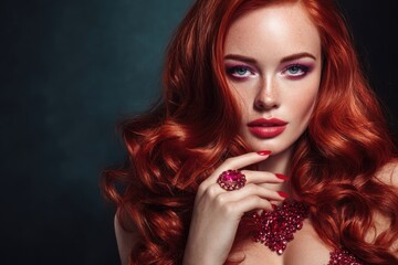 Fototapeta premium Stunning redhaired woman with glamorous makeup and jewelry posing indoors.