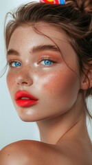 photo-realistic close-up portrait of a beautiful  brunette top model with blue eyes, wearing a glowing lip gloss