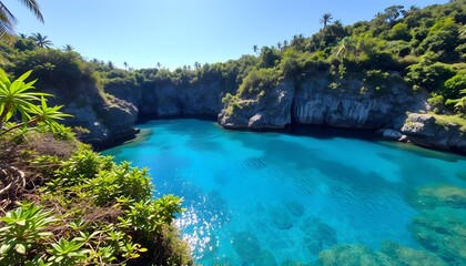 Fototapeta premium A vibrant turquoise lagoon surrounded by lush green vegetation and rocky cliffs under a clear blue sky.