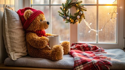 Cozy teddy bear with santa hat and christmas wreath by window
