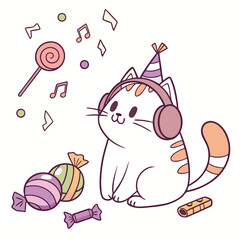 Whimsical Chonky cat feeling Funny in a Birthday setting with wearing headphones – colored in Candy Shop