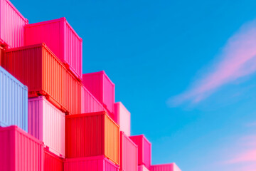 Stacked cargo containers a wall of red brown and blue shipping units