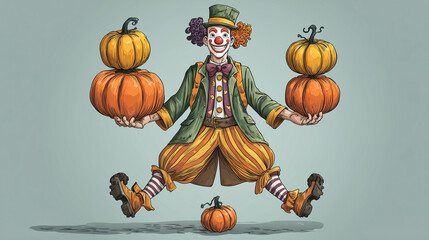 Funny clown juggling with pumpkins and self balancing. Performance, sketches for Halloween background, event for kid
