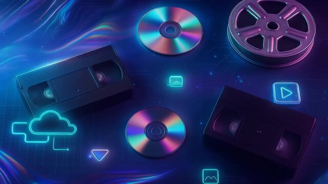 VHS Tapes CDs Film Reels Cloud Icons Media Storage Retro Modern Technology Digital Entertainment Collection