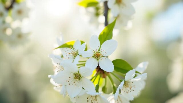White cherry blossoms sway in the wind. Spring flowering fruit tree. Floral natural background. Delicate flowers in the sunlight during the day. Blur and bokeh.