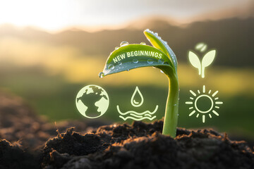 A sprout emerging from soil is overlaid with icons like earth and sun, representing growth and environmental conservation