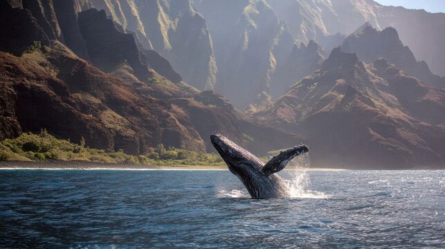 Hawaii Whale Watching on Na Pali Coast: Breaching Humpback Whale and Napali Mountains Landscape