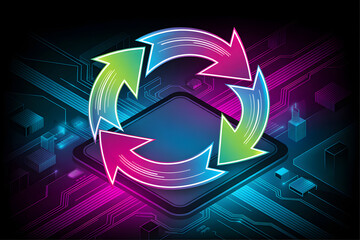 A neon recycle sign floats above a stylized computer chip with a circuit board pattern in the background