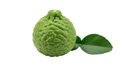 Obraz premium Kaffir lime shows a textured green peel next to its leaf, presented against a stark isolated background.