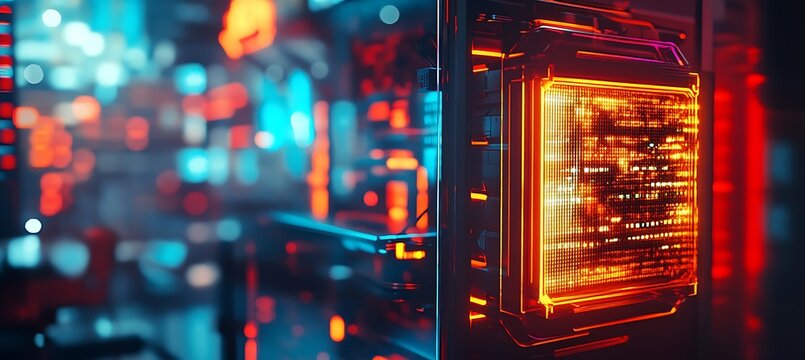 Futuristic server room visuals with glowing neon lights for data processing and cyber security tech look 100