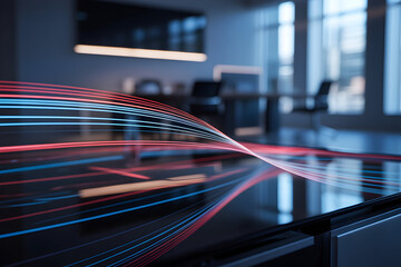 Red and blue light streaks over a glass table in a modern office, suggesting connectivity