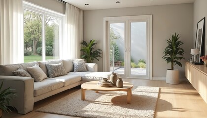 Fototapeta premium Minimalist living room with comfortable sectional sofa, round coffee table with decorative vases, large windows offering natural light. Wood flooring, plush rug, potted plants create serene, cosy