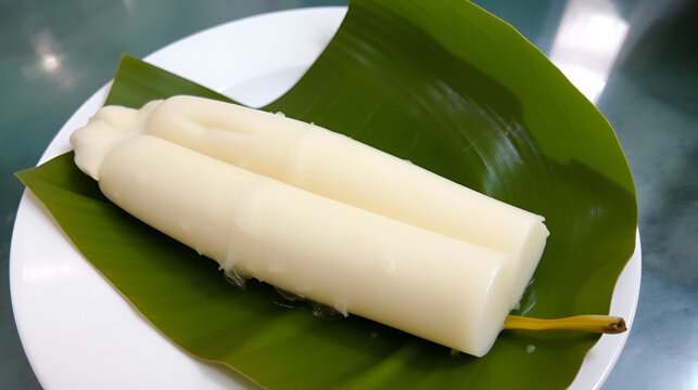 Boiled cassava or telo, Indonesian traditional snack, served on top of banana leaf and white plate.