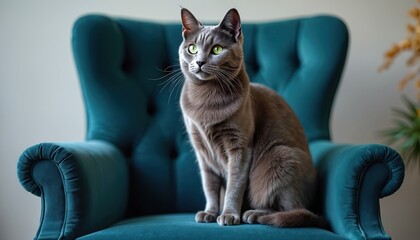 Elegant Russian Blue cat with striking green eyes sits gracefully on luxurious teal velvet armchair. Domestic animal soft grey fur, calm demeanor. Portrait of beautiful feline in comfortable home